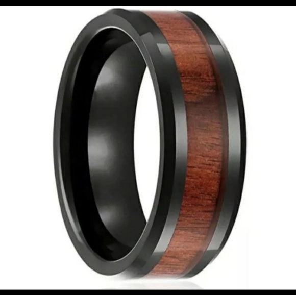 New Mens Black Titanium Black Walnut Wood Inlaid Band Ring. - Picture 4 of 7